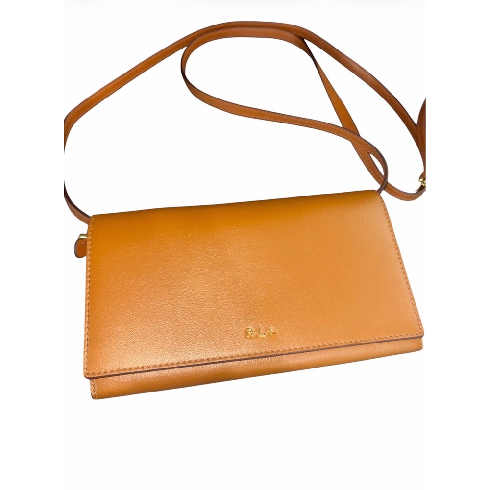 Lauren Ralph Lauren 100% Cow Leather Crossbody Wallet Clutch Tan Brown